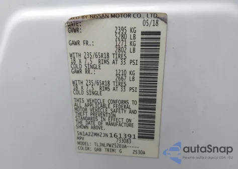 2018 Nissan Murano S z USA, uszkodzony, nr VIN 5N1AZ2MH2JN161391